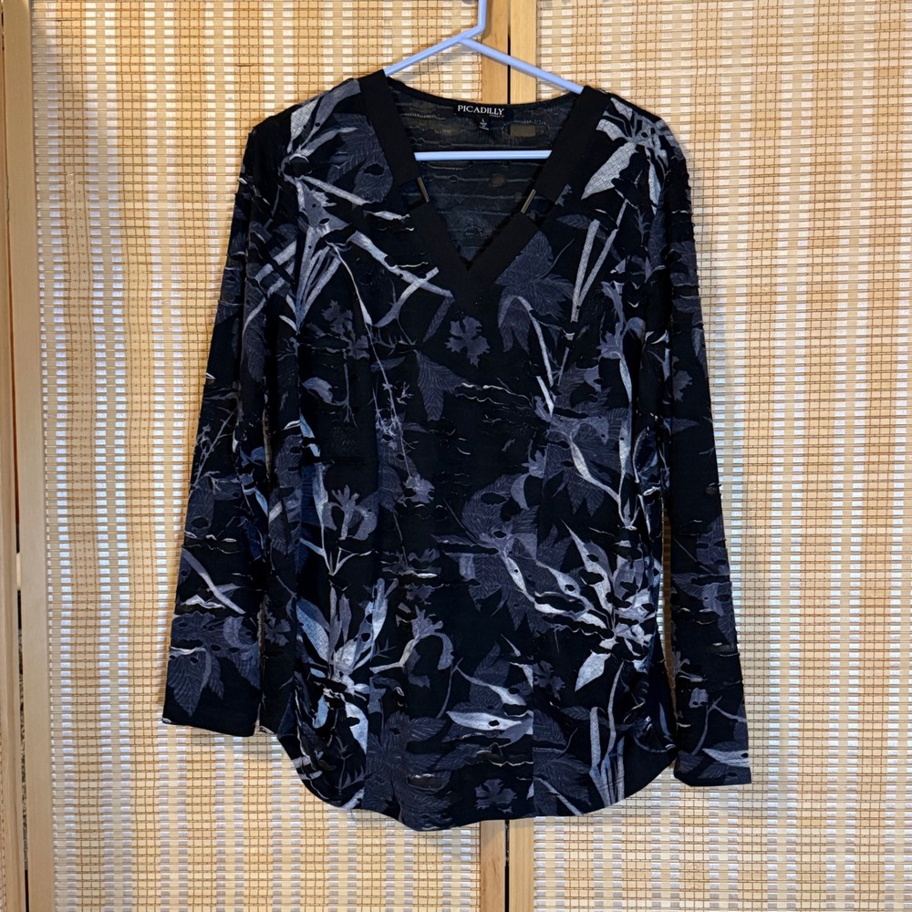 Picadilly Canada Womens Black Grey Floral Burnout V-Neck Long Sleeve Top L Goth